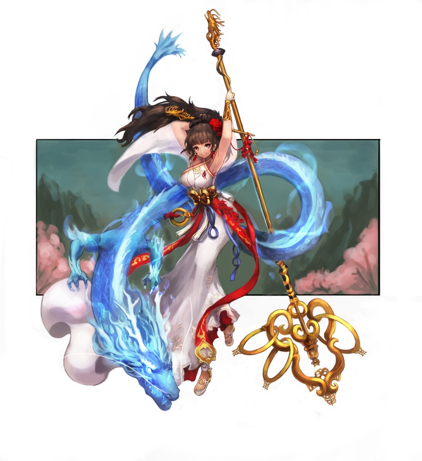 1girl, armpits, arms_up, bad_id, bad_pixiv_id, black_eyes, black_hair, dragon