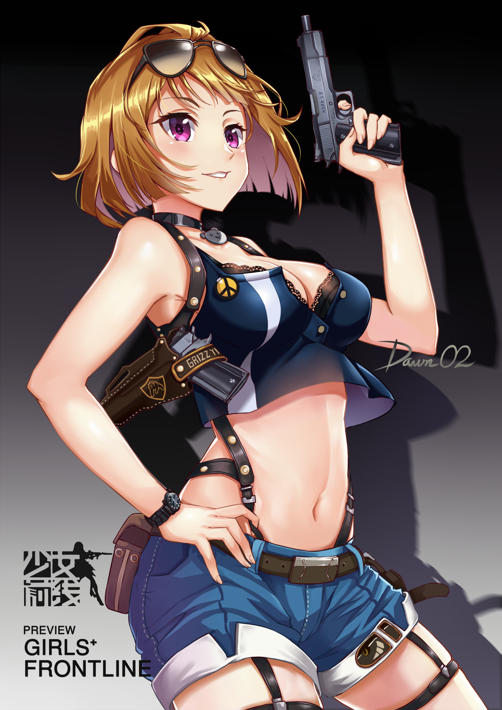 1girl, artist_name, bare_shoulders, breasts, brown_hair, choker, cleavage, cowboy_shot