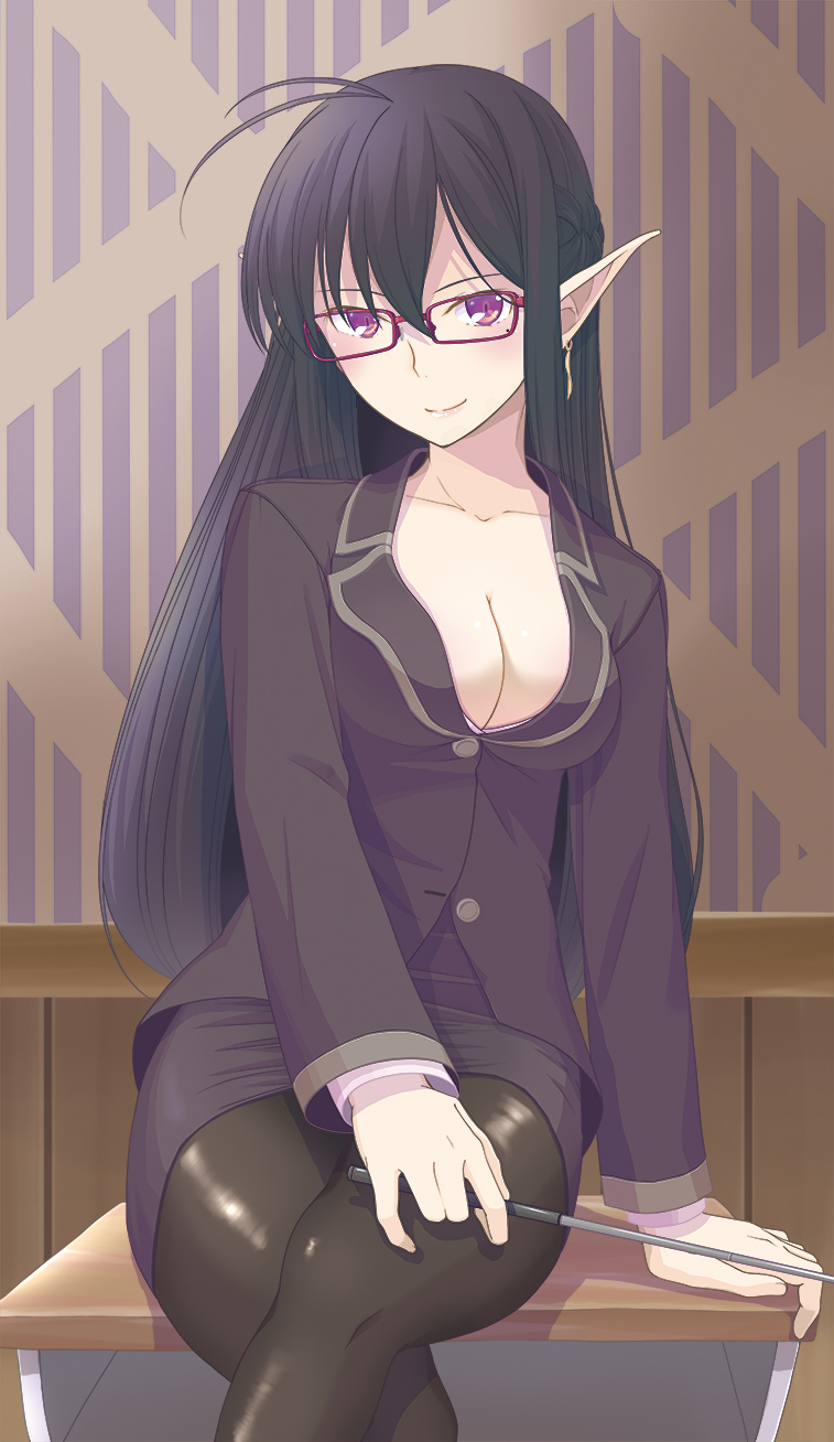10s, 1girl, alternate_costume, antenna_hair, arm_support, black_hair, black_pantyhose, blush