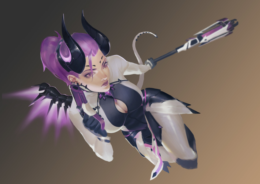 1girl, armor, bodysuit, breasts, brown_background, cleavage, dark_persona, demon_horns, demon_tail, dutch_angle, facial_mark, faulds, female_focus, finger_on_trigger, forehead_mark, foreshortening, from_above, full_body, glowing, glowing_wings, gradient_background, gun, hair_tie, handgun, highres, holding, holding_gun, holding_staff, holding_weapon, horns, imp_mercy, jay_risto, lips, looking_at_viewer, md5_mismatch, mechanical_wings, medium_breasts, medium_hair, mercy_(overwatch), nose, official_alternate_costume, overwatch, overwatch_1, parted_lips, pistol, ponytail, purple_eyes, purple_hair, purple_wings, solo, staff, tail, weapon, wings