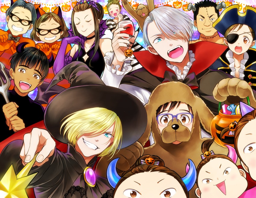 6+boys, 6+girls, ^_^, alcohol, animal_costume, black_hair, blonde_hair, blue-framed_eyewear
