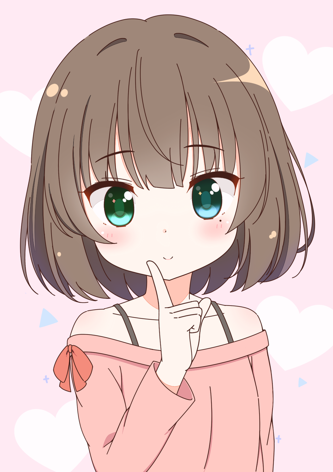 1girl, bad_id, bad_pixiv_id, bare_shoulders, blue_eyes, blush, bra_strap, brown_hair