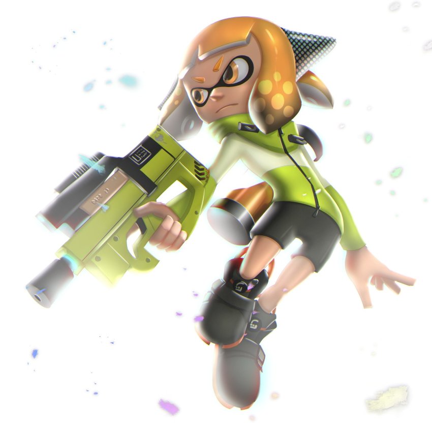 >:(, 1girl, agent_4_(splatoon), backlighting, bike_shorts, black_shoes, blunt_bangs, closed_mouth