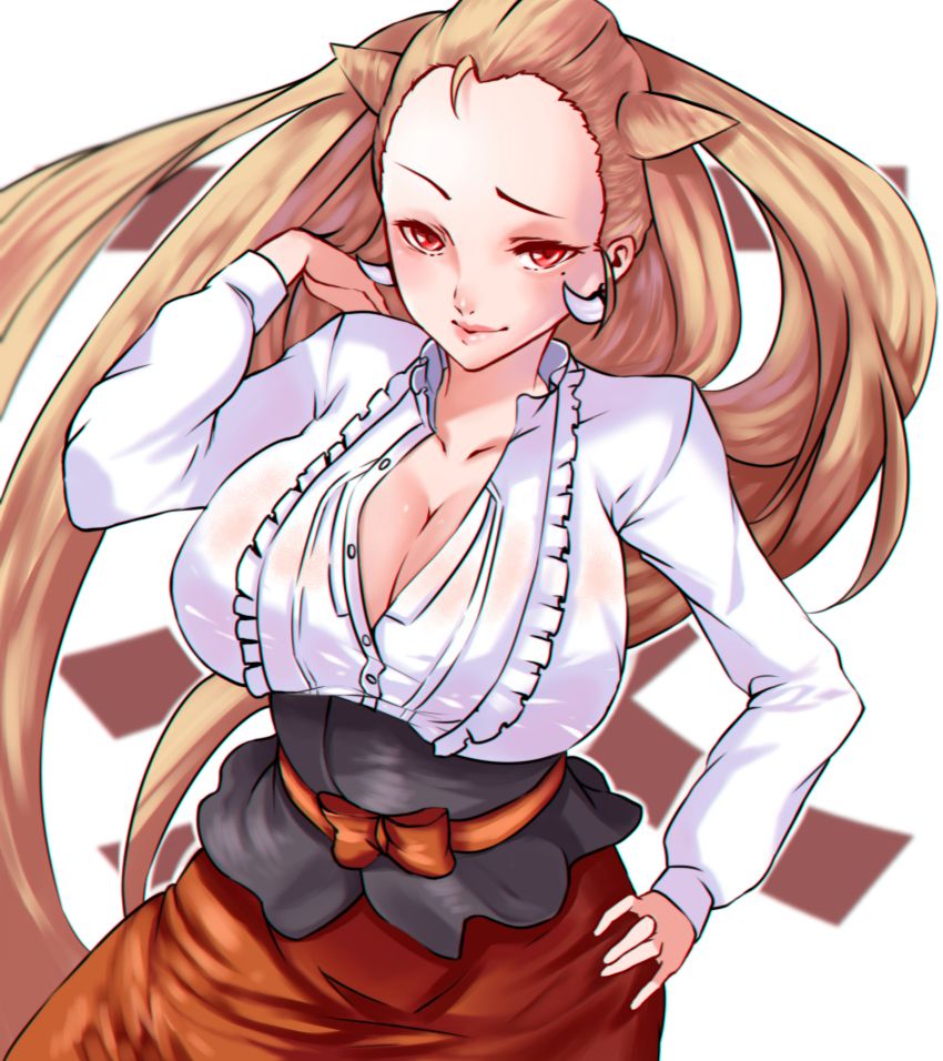 1girl, absurdres, breasts, brown_hair, chromatic_aberration, cleavage, cone_hair_bun, female_focus, forehead, hair_bun, hand_on_own_hip, highres, inou_toshiko, juuni_taisen, kisaragi_tsurugi, large_breasts, long_hair, simple_background, smirk, solo, white_background