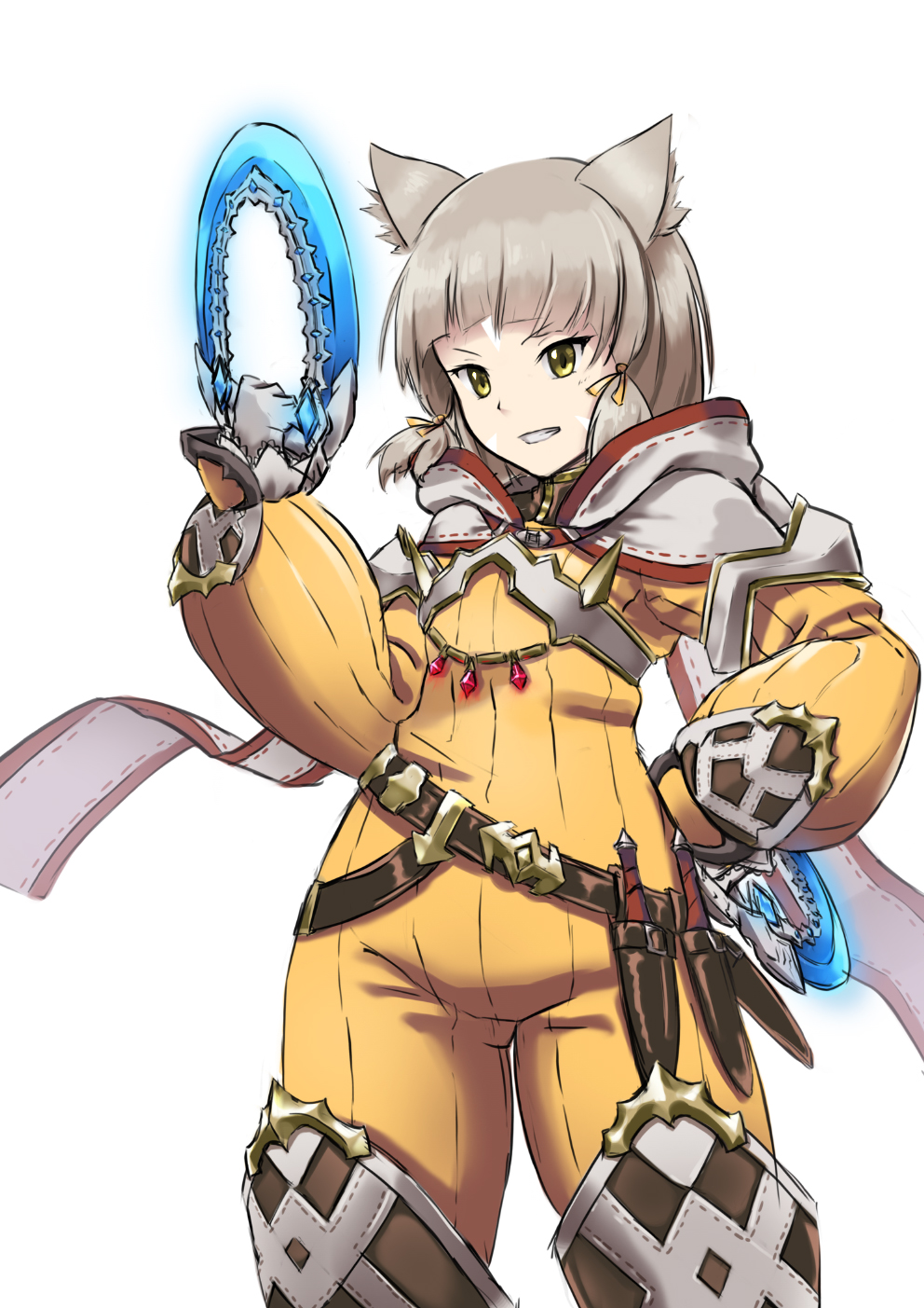 1girl, animal_ears, belt, belt_skirt, blunt_bangs, bodysuit, brown_belt, cat_ears