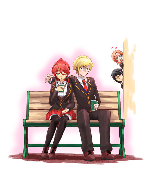 2boys, 2girls, black_hair, blonde_hair, blue_eyes, blush, couple, drink