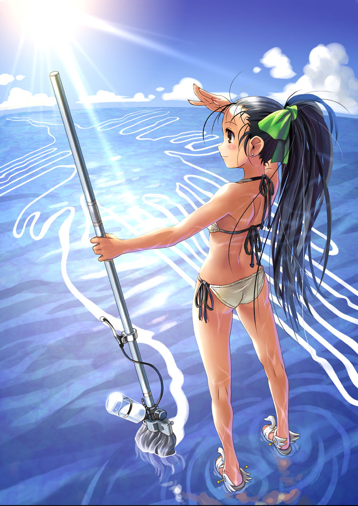 1girl, art_brush, ass, back, bikini, black_eyes, black_hair, brown_eyes, caustics, day, drawing_(action), female_focus, full_body, giant_brush, katahira_masashi, long_hair, mop, nazca_lines, original, paintbrush, ponytail, sandals, side-tie_bikini_bottom, solo, standing, standing_on_liquid, sun, swimsuit, water