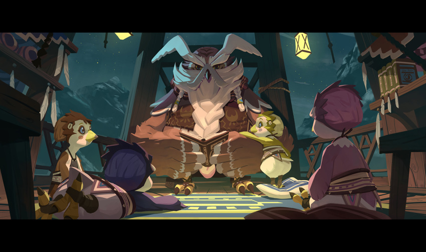 1boy, 4girls, beak, beard, bird_boy, bird_girl, blue_eyes, book