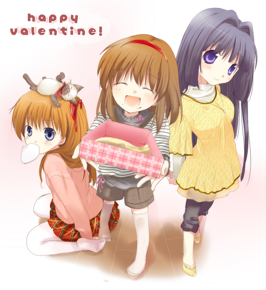 3girls, animal, animal_on_head, steamed_bun, blue_eyes, blue_hair, box, brown_hair