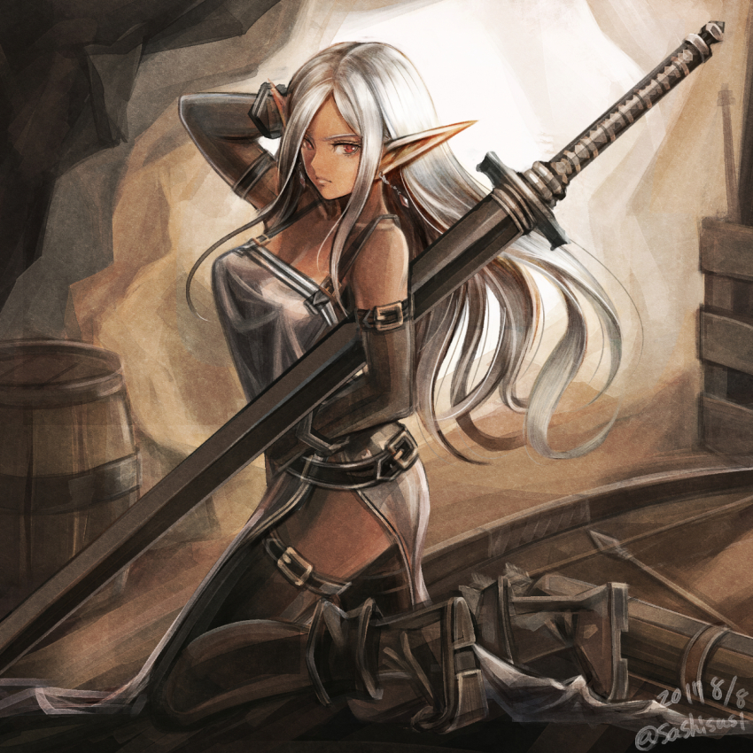 10s, 1girl, 2017, arm_belt, arrow_(projectile), barrel, belt, bow_(weapon), breasts, cleavage, dark-skinned_female, dark_elf, dark_skin, dated, dress, earrings, elbow_gloves, elf, female_focus, from_side, gloves, hand_in_own_hair, highres, indoors, jewelry, kneeling, light_frown, lips, long_hair, long_sword, looking_at_viewer, looking_to_the_side, medium_breasts, on_floor, original, parted_bangs, pointy_ears, quiver, red_eyes, side_slit, silver_dress, sleeveless, sleeveless_dress, solo, sushi_(sashimise), thigh_strap, thighhighs, twitter_username, weapon, white_hair