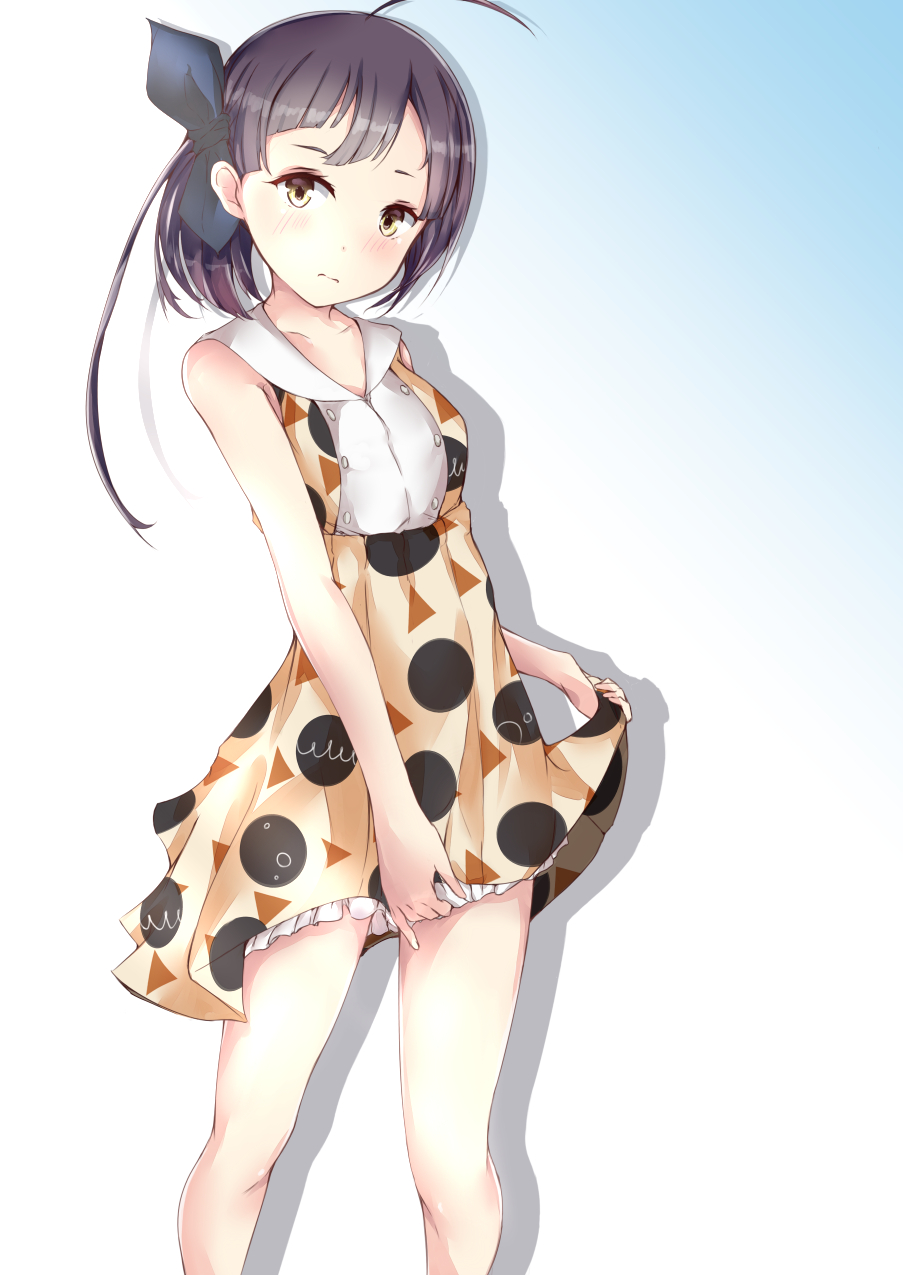 1girl, ahoge, alternate_costume, bare_arms, bare_legs, bare_shoulders, black_hair, blush, clothes_lift, collarbone, commentary_request, dress, fujinami_(autumn)_(kancolle), fujinami_(kancolle), gradient_background, highres, holding, holding_own_skirt, kantai_collection, long_hair, looking_at_viewer, migiue, orange_eyes, ribbon, sketch, skirt, skirt_lift