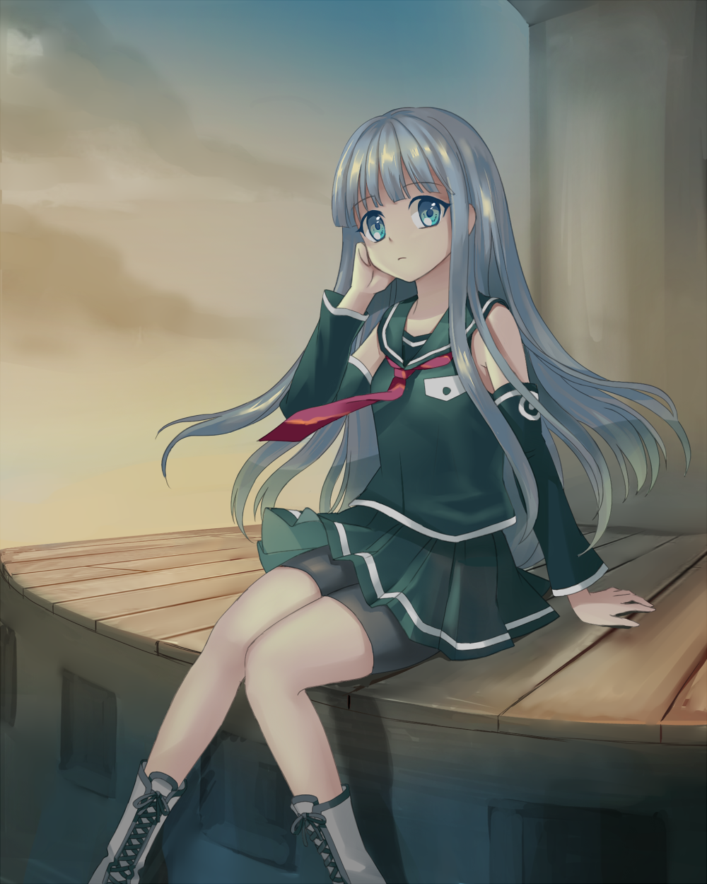 1girl, aoki_hagane_no_arpeggio, bike_shorts, black_boots, blue_eyes, blue_hair, blue_shirt, blue_skirt