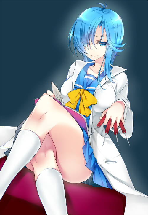 1girl, blue_eyes, blue_hair, book, crossed_legs, female_focus, hair_over_one_eye, himoo_yuina