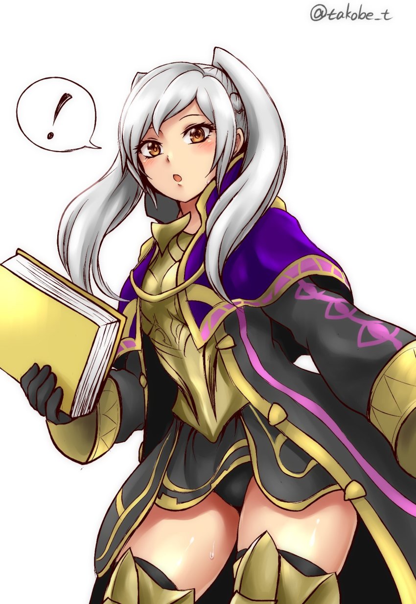 1girl, boots, cloak, female_focus, female_robin_(fire_emblem), female_robin_(grandmaster)_(fire_emblem), fire_emblem, fire_emblem_awakening, highres, looking_at_viewer, miniskirt, nintendo, official_alternate_costume, robin_(female)_(grandmaster)_(fire_emblem), simple_background, skirt, solo, takobe, thigh_boots, thighhighs, thighs, twintails, white_background, white_hair