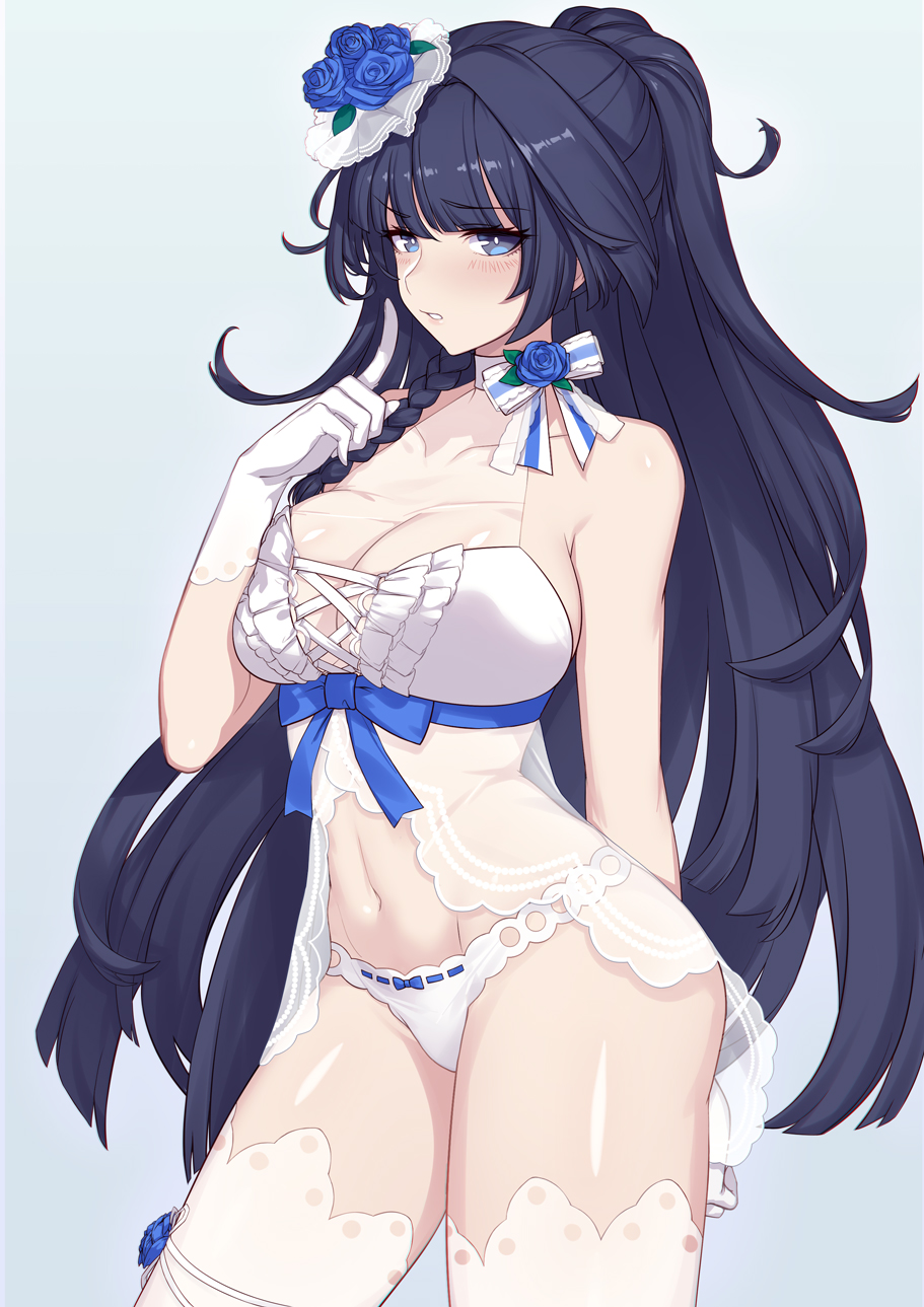 1girl, babydoll, bare_shoulders, honkai_gakuen, black_hair, blue_background, blue_bow, blue_eyes, blush, bow, bow_panties, braid, breasts, bright_pupils, cleavage, contrapposto, cowboy_shot, evan_yang, female_focus, finger_to_mouth, flower, gloves, hair_flower, hair_ornament, halterneck, hand_up, highres, honkai_(series), index_finger_raised, large_breasts, lingerie, long_hair, looking_at_viewer, navel, panties, parted_lips, ponytail, raiden_mei, raiden_mei_(valkyrie_bladestrike), ribbon-trimmed_panties, ribbon_trim, see-through_clothes, side_braid, sidelocks, simple_background, solo, standing, thighhighs, tsurime, underwear, very_long_hair, white_gloves, white_panties, white_pupils, white_thighhighs