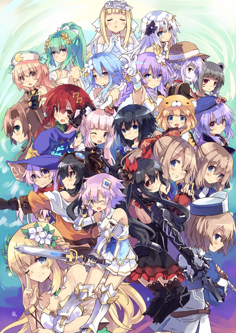 1boy, 6+girls, black_hair, black_heart_(neptunia), blanc_(neptunia), blonde_hair, blue_eyes, bouquet_(neptunia)