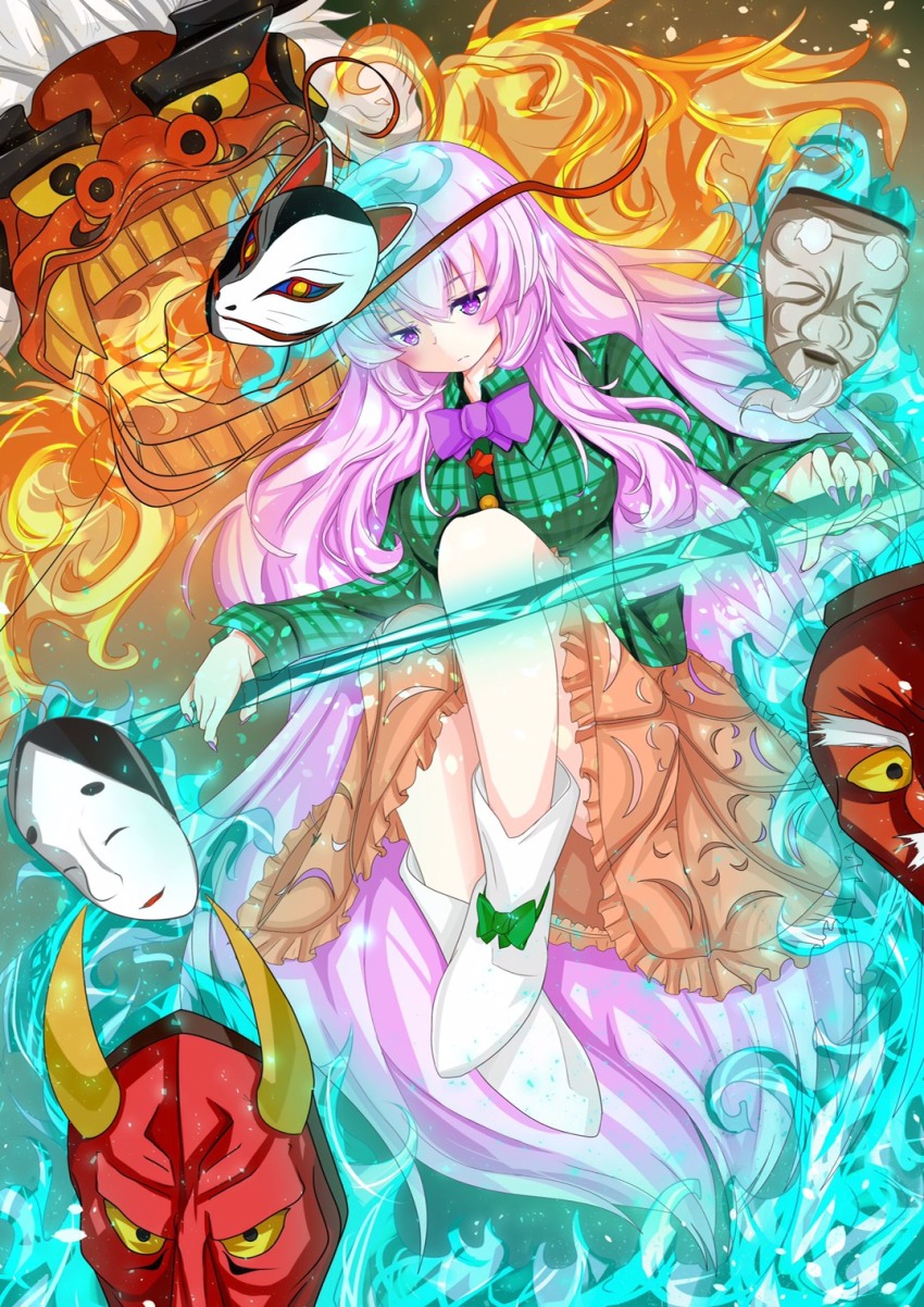 1girl, blush, breasts, bubble_skirt, closed_mouth, female_focus, fox_mask, full_body