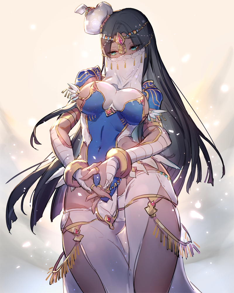 1girl, black_hair, blue_leotard, breasts, circlet, commentary_request, covered_navel, cowboy_shot, dark-skinned_female, dark_skin, fate/grand_order, fate_(series), female_focus, forehead_jewel, green_eyes, hat, highleg, highleg_leotard, interlocked_fingers, jewelry, leotard, long_hair, looking_at_viewer, medium_breasts, mouth_veil, oro_(sumakaita), own_hands_clasped, own_hands_together, pelvic_curtain, scheherazade_(fate), scheherazade_(first_ascension)_(fate), solo, thumb_ring, veil, very_long_hair