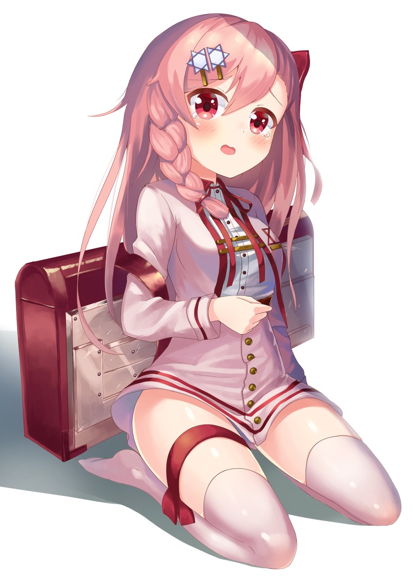 1girl, 2drr, aged_down, blush, braid, dress, female_focus, full_body, girls'_frontline, hair_between_eyes, hexagram, highres, kneeling, long_hair, long_sleeves, looking_at_viewer, military, military_uniform, negev_(girls'_frontline), negev_(little_drifter)_(girls'_frontline), official_alternate_costume, open_mouth, petite, pink_dress, pink_hair, purple_eyes, shadow, short_dress, side_braid, simple_background, solo, star_of_david, tears, thighs, white_background