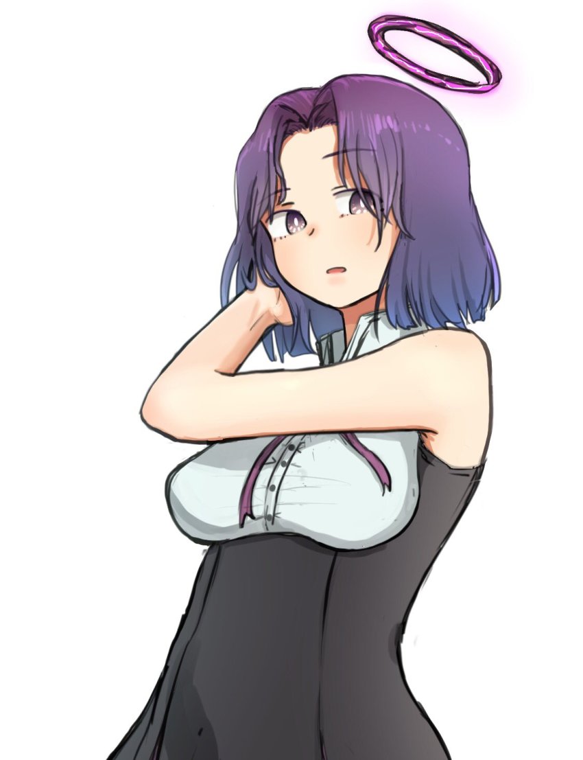 1girl, bad_id, bad_twitter_id, female_focus, halo, hand_in_own_hair, highres, kantai_collection, kazeaki, looking_at_viewer, mechanical_halo, open_mouth, purple_eyes, purple_hair, school_uniform, short_hair, simple_background, sleeveless, solo, tatsuta_(kancolle), upper_body, white_background