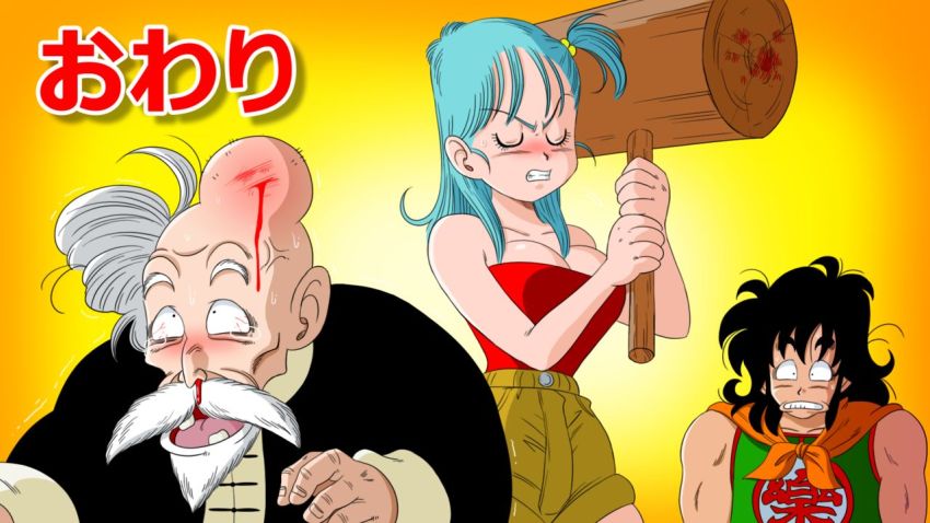1980s_(style), 1girl, 2boys, angry, bald, bare_arms, bare_shoulders, beard, black_hair, blood, breasts, bulma, chinese_clothes, cleavage, clenched_teeth, closed_eyes, dragon_ball, dragon_ball_(classic), end_(word), facial_hair, game_cg, gradient_background, green_hair, hammer, head_bump, injury, jackie_chun, long_hair, mace, medium_breasts, missing_tooth, multiple_boys, muscular, muscular_male, mustache, muten_roushi, no_bra, nosebleed, old, old_man, oldschool, one_side_up, orange_background, pain, ponytail, red_shirt, retro_artstyle, scared, shiny_skin, shirt, shorts, simple_background, strapless, strapless_shirt, sweat, sweatdrop, tears, teeth, toupee, translated, veins, weapon, white_beard, white_facial_hair, wig, yamamoto_doujin, yamcha, yellow_background
