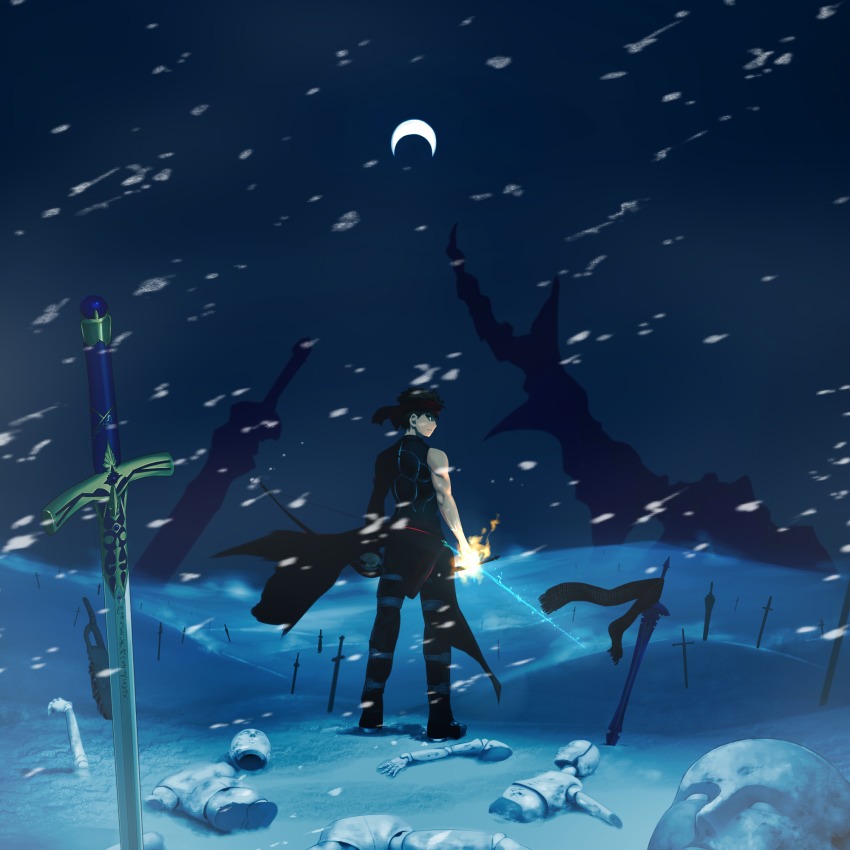 1boy, armor, bare_shoulders, black_hair, broken, caliburn_(fate), closed_mouth, commentary_request