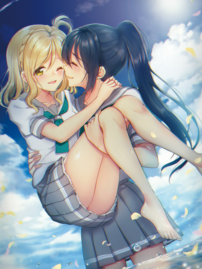 2girls, aqua_neckerchief, barefoot, blonde_hair, blue_hair, braid, carrying, chromatic_aberration, commentary_request, convenient_skirt, crown_braid, dutch_angle, face-to-face, hair_rings, long_hair, love_live!, love_live!_sunshine!!, matsuura_kanan, mizukikushou, multiple_girls, neckerchief, ohara_mari, one_eye_closed, open_mouth, petals, pleated_skirt, ponytail, princess_carry, school_uniform, serafuku, skirt, smile, wading, yellow_eyes, yuri