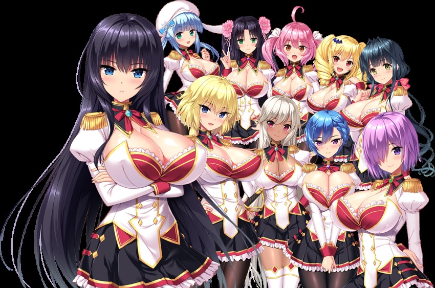 6+girls, amatsuka_erena, black_hair, blonde_hair, blue_eyes, blue_hair, blush, breasts, casinia_vlad_clausel, catherine_e._romancia, cleavage, derauea, fee_kissethermit, green_eyes, hair_ornament, huge_breasts, long_hair, looking_at_viewer, lydia_luitgard, motto!_haramase!_(series), motto!_haramase!_honoo_no_oppai_isekai_ero_mahou_gakuen!, multiple_girls, myau_orphel, naomin_iva_lucille, olga_(milk_factory), pink_eyes, purple_eyes, purple_hair, red_eyes, school_uniform, transparent_background, uzuki_kaguya, white_hair, yellow_eyes, yukinokouji_mizore