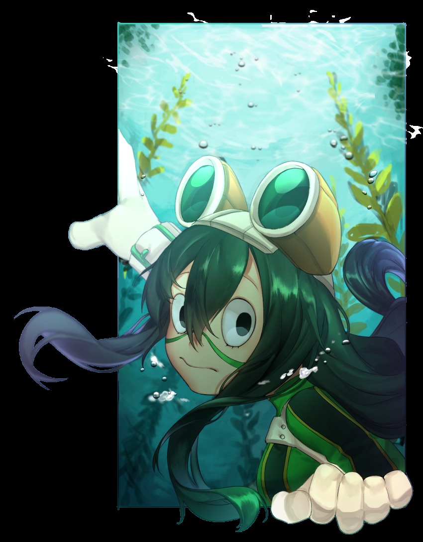 10s, 1girl, asui_tsuyu, asui_tsuyu_(hero_outfit), black_eyes, bodysuit, boku_no_hero_academia, bubble, domino_mask, eye_mask, female_focus, gloves, goggles, goggles_on_head, green_hair, hair_between_eyes, highres, looking_at_viewer, mask, nok_(vasabello), outside_border, simple_background, solo, transparent_background, underwater, white_background, white_gloves
