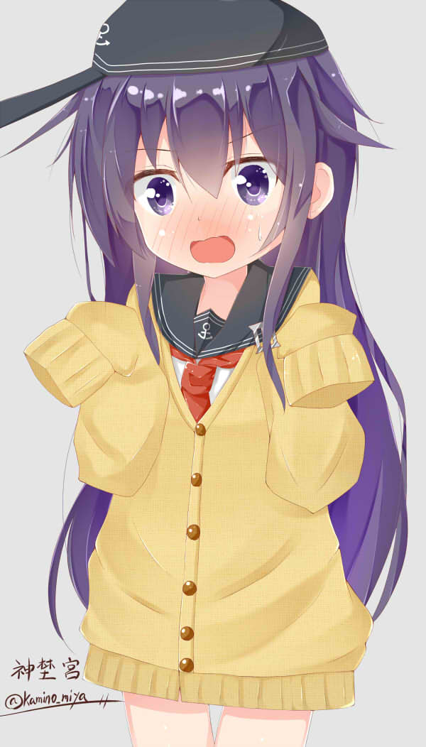 1girl, akatsuki_(kancolle), anchor_symbol, black_hat, blush, cardigan, commentary_request, cowboy_shot, embarrassed, female_focus, flat_cap, grey_background, hair_between_eyes, hands_in_opposite_sleeves, hat, kamino_miya, kantai_collection, long_hair, long_sleeves, looking_at_viewer, neckerchief, no_pants, nose_blush, open_mouth, oversized_clothes, purple_eyes, purple_hair, red_neckerchief, school_uniform, serafuku, shirt, sideways_hat, simple_background, solo, standing, sweat, twitter_username, very_long_hair, wavy_mouth, white_shirt