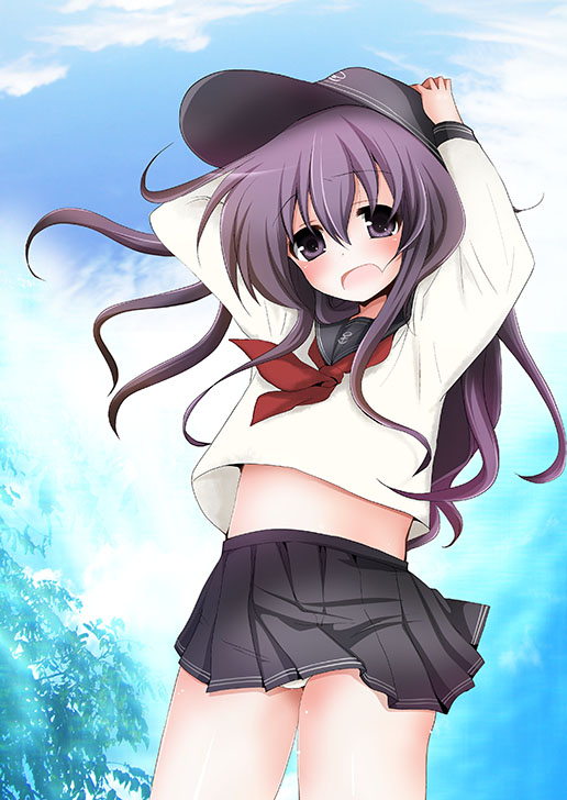 1girl, akatsuki_(kancolle), anchor_symbol, black_hat, black_skirt, blue_sky, blush, cloud