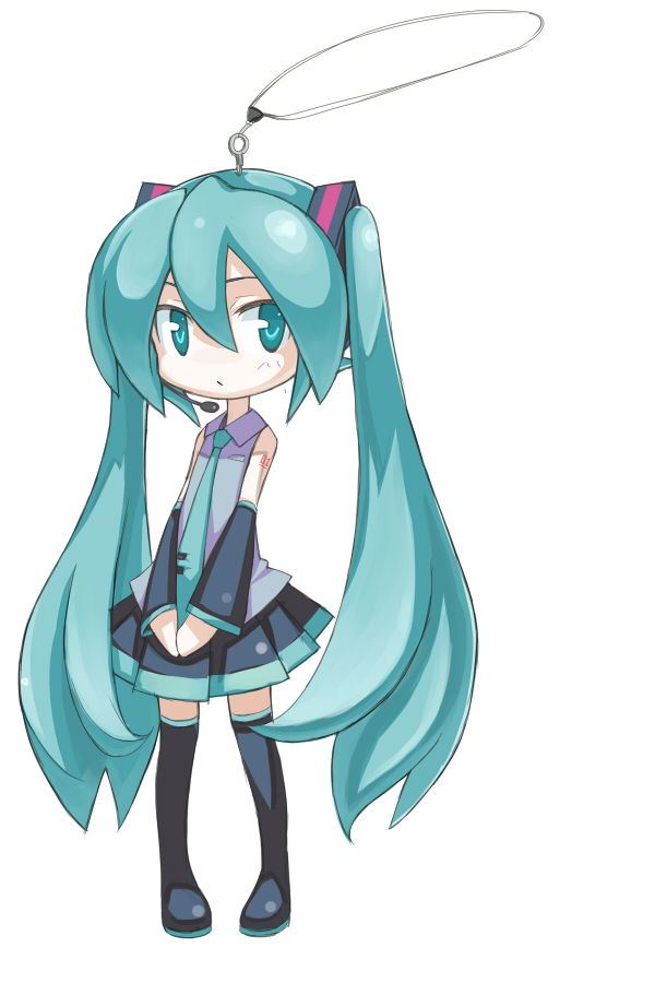 aqua_eyes, aqua_hair, blush, cellphone_strap, detached_sleeves, hatsune_miku, headset, charm_(object), kokoro_midori, long_hair, necktie, ornament, shin-ryox, skirt, solo, thighhighs, twintails, very_long_hair, vocaloid