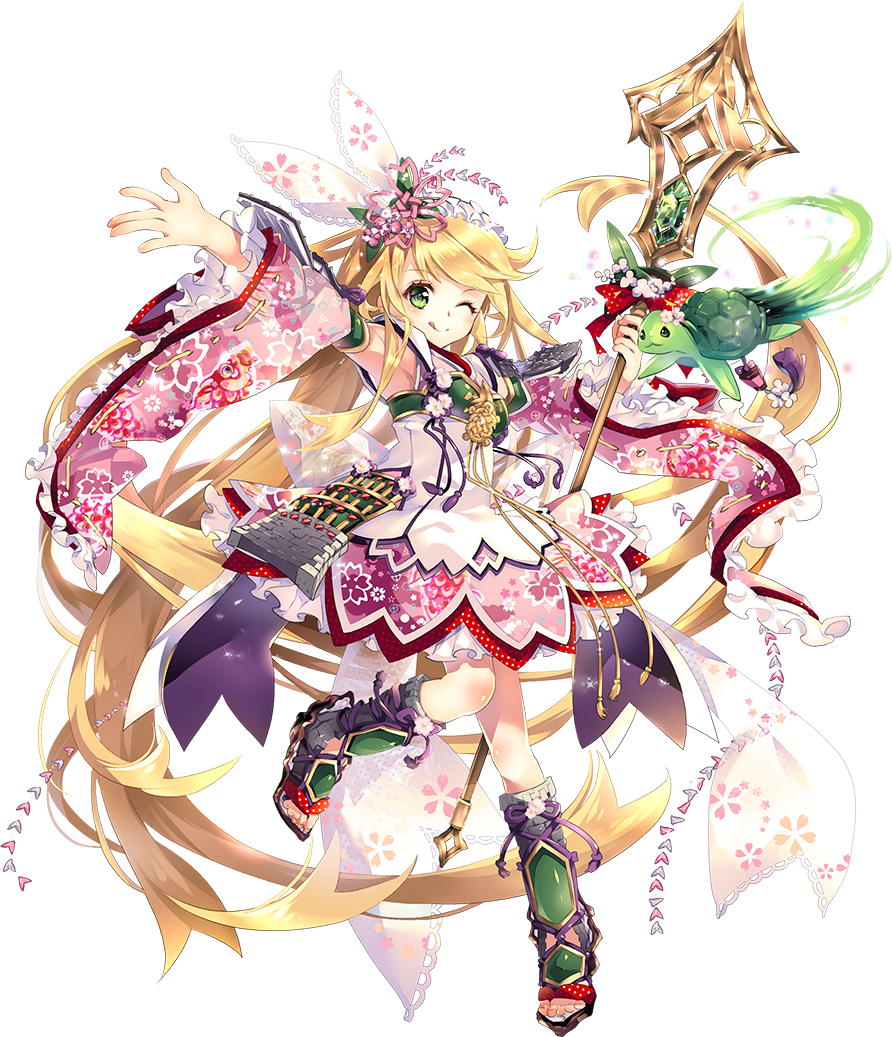 1girl, ;p, blonde_hair, detached_sleeves, female_focus, flower, full_body, green_eyes