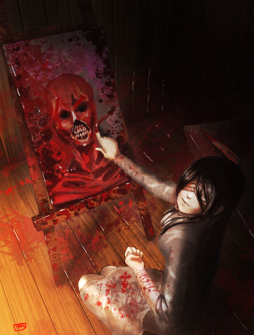 1girl, 949_(king949), black_hair, blood, blood_on_clothes, blood_on_ground, blood_on_hands, blood_on_wall