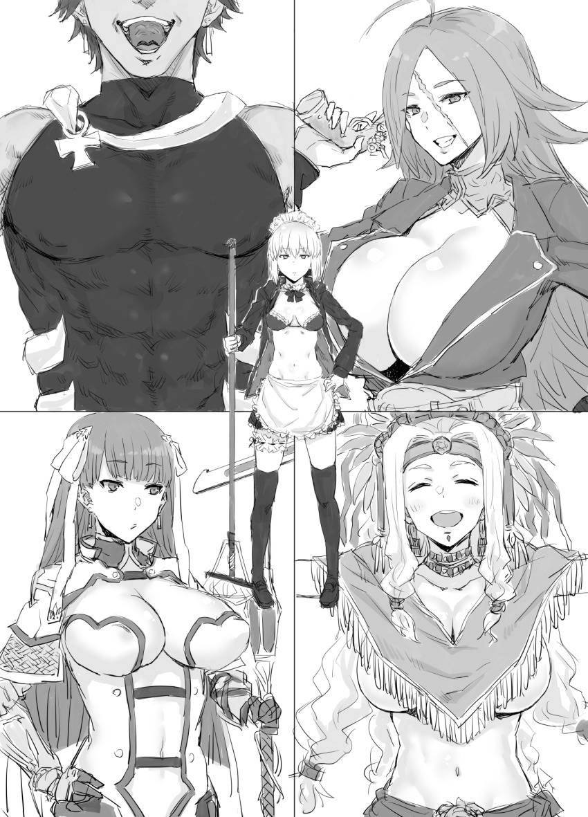 10s, 1boy, 4girls, ^_^, abs, apron, artoria_pendragon_(fate), bare_shoulders, bikini, breasts, cleavage, closed_eyes, dark-skinned_male, dark_skin, fate/extra, fate/grand_order, fate/prototype, fate/prototype:_fragments_of_blue_and_silver, fate_(series), francis_drake_(fate), gauntlets, gomu_(chewinggom), greyscale, grin, gun, hand_on_own_hip, headwear_request, highres, holding, holding_gun, holding_weapon, huge_breasts, large_breasts, long_hair, looking_at_viewer, maid_headdress, martha_(fate), martha_(third_ascension)_(fate), monochrome, mop, multiple_girls, navel, open_mouth, outstretched_arms, ozymandias_(fate), ozymandias_(first_ascension)_(fate), quetzalcoatl_(fate), saber_alter, saber_alter_(swimsuit_rider)_(second_ascension), scar, smile, staff, swimsuit, tears, teeth, thighhighs, underboob, very_long_hair, weapon
