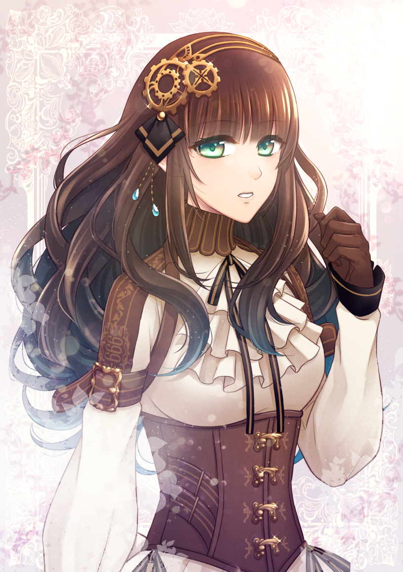 1girl, 666, aqua_eyes, ascot, brown_gloves, brown_hair, cardia_beckford, code:realize, female_focus, gear_hair_ornament, gloves, hairband, hand_up, long_hair, looking_at_viewer, parted_lips, solo, t0d0a, upper_body