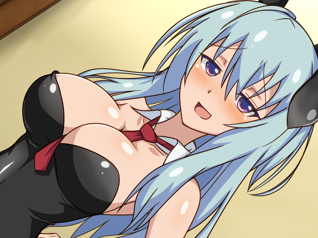 1girl, :d, ange_vierge, animal_ears, bare_shoulders, between_breasts, black_leotard, blue_hair
