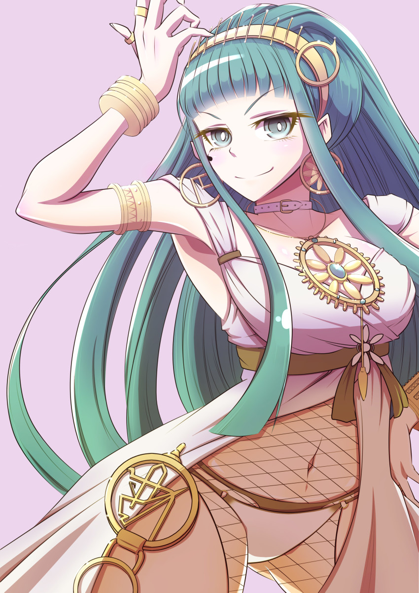 >:), 1girl, absurdres, ancient_egyptian, ancient_egyptian_clothes, aqua_eyes, aqua_hair, arm_up
