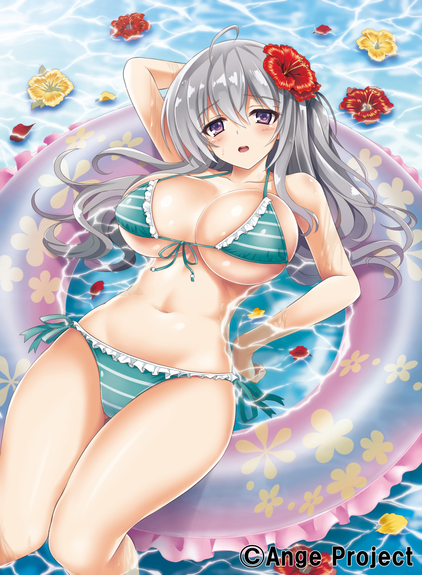 1girl, absurdres, ahoge, ange_vierge, aqua_bikini, bare_shoulders, bikini, breasts, cleavage, female_focus, flower, green_bikini, hair_flower, hair_ornament, highres, innertube, kurowana, large_breasts, looking_at_viewer, lying, navel, nya_lapucea, on_back, partially_submerged, purple_eyes, side-tie_bikini_bottom, silver_hair, solo, strap_gap, striped_bikini, striped_clothes, sweatdrop, swim_ring, swimsuit, wet