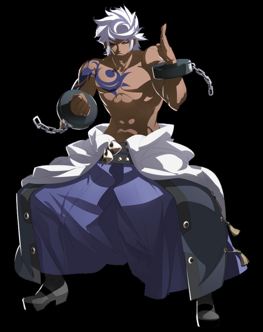 bare_pectorals, closed_eyes, dark-skinned_male, dark_skin, enkidu_(under_night_in-birth), highres, male_focus, official_art