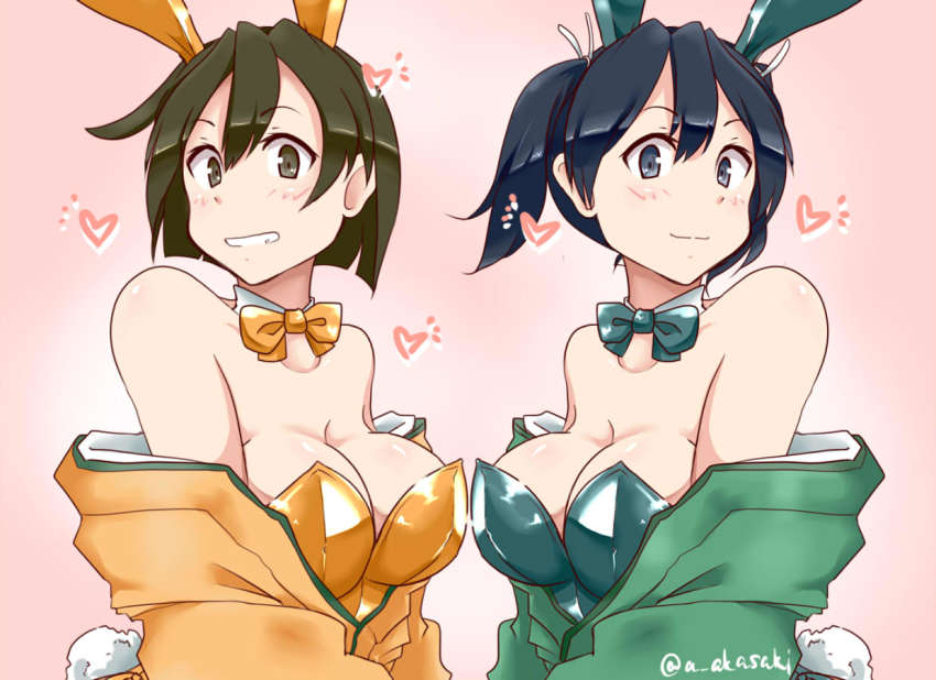 2girls, adapted_costume, akai_akasaki, alternate_costume, animal_ears, blue_hair, bow, bowtie