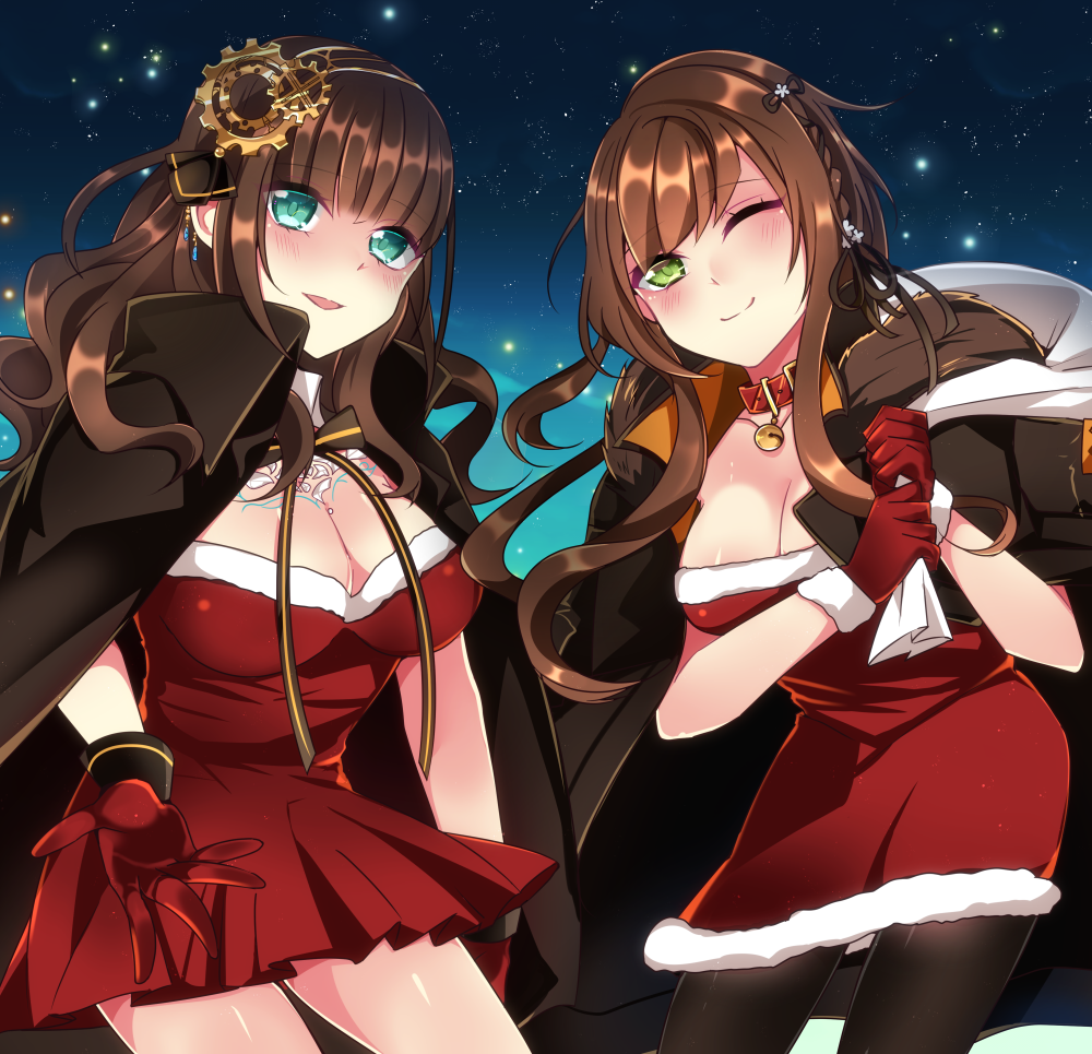 2girls, ;), aqua_eyes, bad_id, bad_pixiv_id, bell, black_legwear, blush, braid, breasts, brown_hair, cape, cardia_beckford, character_request, cleavage, code:realize, collar, fur_trim, gear_hair_ornament, gloves, green_eyes, large_breasts, long_hair, looking_at_viewer, multiple_girls, one_eye_closed, over_shoulder, pantyhose, red_gloves, s2cikn_(yuzu), sack, smile, standing