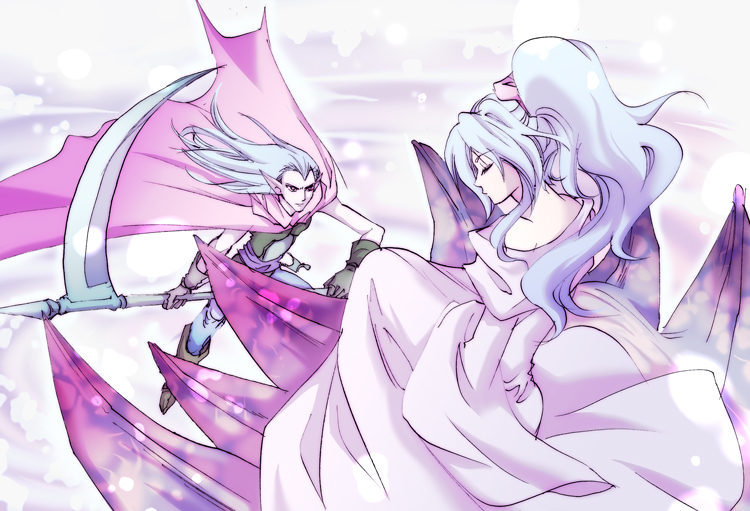 1990s_(style), 1boy, 1girl, aya_tsudi, bad_id, bad_pixiv_id, blue_hair, cape, chrono_(series), chrono_trigger, dream_devourer, lavos_(chrono_trigger), long_hair, magus_(chrono_trigger), pointy_ears, ponytail, retro_artstyle, robe, schala_zeal, scythe