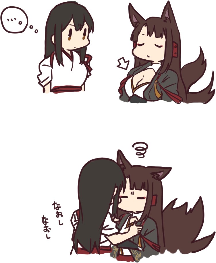 ..., 2girls, adjusting_clothes, akagi_(azur_lane), akagi_(kancolle), animal_ears, azur_lane, betchan, black_hair, blunt_bangs, breasts, brown_hair, cleavage, cleavage_cutout, clothing_cutout, commentary_request, crossover, fox_ears, fox_tail, frown, historical_name_connection, japanese_clothes, kantai_collection, kimono, multiple_girls, name_connection, simple_background, spoken_ellipsis, squiggle, straight_hair, tail, tasuki, translated, upper_body, white_background, white_kimono