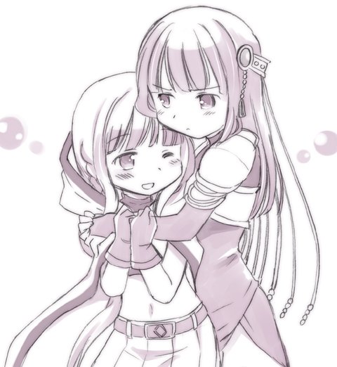 2girls, blush, hug, hug_from_behind, long_hair, magia_record:_mahou_shoujo_madoka_magica_gaiden, magical_girl, mahou_shoujo_madoka_magica, multiple_girls, nanami_yachiyo, smile, tamaki_iroha, usami_wataru, yuri