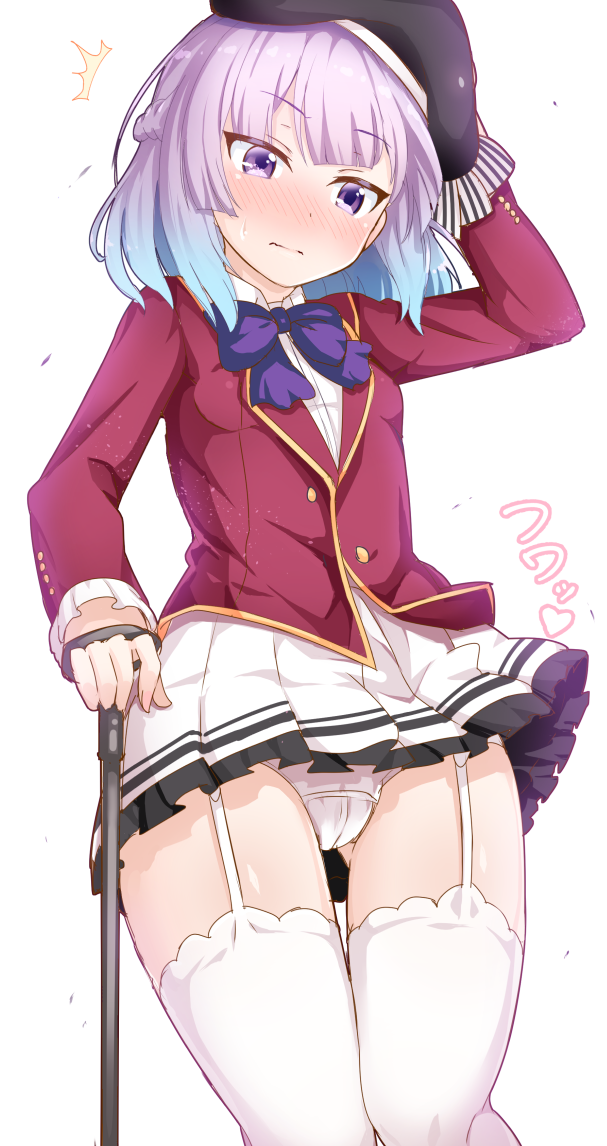 1girl, ^^^, arm_at_side, beret, blush, breasts, cameltoe, cane, closed_mouth, cowboy_shot, female_focus, garter_straps, gold_trim, gradient_hair, hand_on_headwear, hat, heart, holding, legs_together, long_sleeves, looking_down, multicolored_hair, panties, pantyshot, pleated_skirt, purple_eyes, purple_hair, purple_neckwear, sakayanagi_arisu, school_uniform, short_hair, sidelocks, skirt, small_breasts, solo, standing, sweatdrop, thigh_gap, thighhighs, ug_(nekonekodou), underwear, white_background, white_panties, white_skirt, white_thighhighs, wind, wind_lift, youkoso_jitsuryoku_shijou_shugi_no_kyoushitsu_e