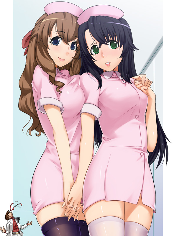 00s, 2girls, black_hair, blood, blue_eyes, blush, breast_press, breasts, brown_hair, green_eyes, holding_hands, hat, hayase_kouichi, hand_grab, kizaki_emi, kujou_miu, kurogane_no_linebarrel, large_breasts, ldl, long_hair, multiple_girls, nosebleed, nurse, nurse_cap, smile, thighhighs, yuri