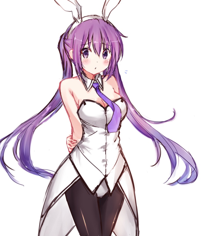 1girl, animal_ears, arms_behind_back, black_pantyhose, blush, breasts, cleavage, collar