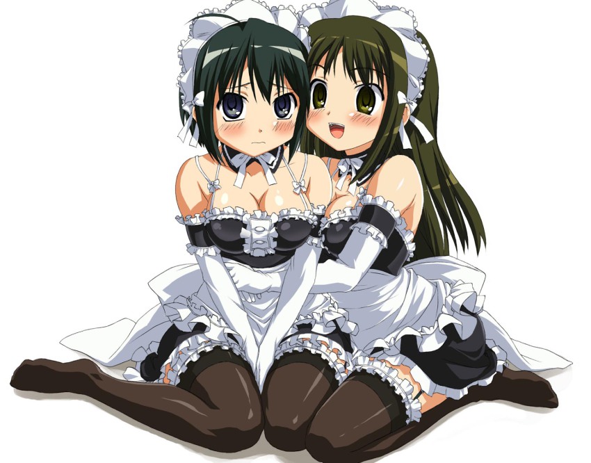 00s, 2girls, :d, apron, black_hair, blue_eyes, blush, breasts, cleavage, detached_collar, detached_sleeves, elbow_gloves, feet, frilled_apron, frilled_legwear, frills, full_body, garter_belt, garter_straps, gloves, green_eyes, green_hair, highres, hug, kagejou, kore_ga_watashi_no_goshujin-sama, kurauchi_anna, large_breasts, legs, long_hair, maid, multiple_girls, nakabayashi_yoshitaka's_maid_uniform, no_shoes, open_mouth, sawatari_izumi, short_hair, simple_background, sitting, smile, thighhighs, v_arms, waist_apron, wariza, white_background, zettai_ryouiki