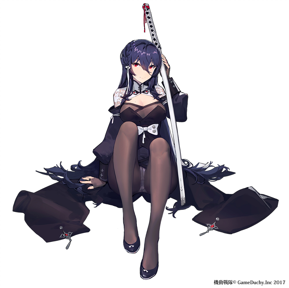 1girl, arm_garter, arm_support, black_pantyhose, blush, braid, breasts, cleavage